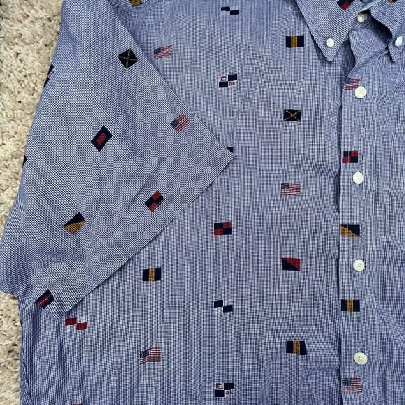 CHAPS Ralph Lauren Shirt Large Blue Check Button Up S/S Travel Countries Flags - Picture 7 of 9